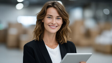 Professional Woman Managing Warehouse Inventory with Tablet