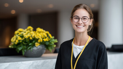 Hotel Manager Elevating Guest Experience with Fresh Flowers at Welcome Desk