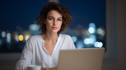 Late Night Stock Trading: Female Analyst Focused on Glowing Charts