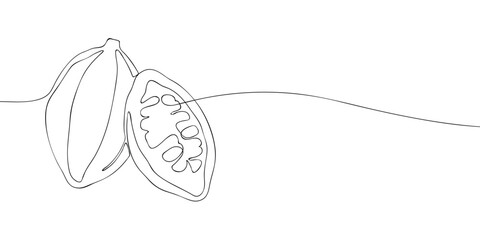 PrintMinimalist single line illustration of an open cocoa pod with visible beans inside, perfect for chocolate and organic food designs.