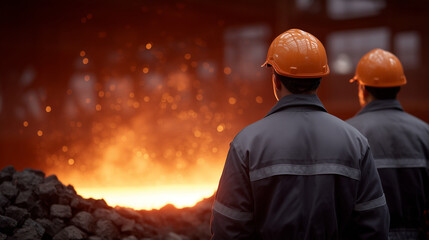 Steel Mill Workers Ensuring Quality in Molten Metal Production