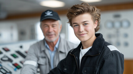 Young Engineer Guided by Mentor at Power Plant Control Panel