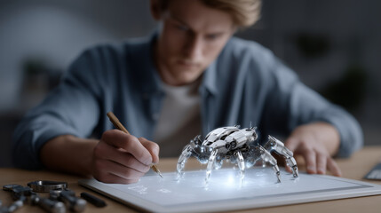Student Designing AI Robot in 3D CAD at Engineering School
