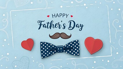Happy Father's Day Greeting Card Design with Dotted Bow Tie, Mustache and Red Heart on Blue Background. Celebration Illustration for Dad.