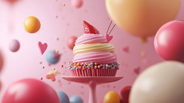 Pink cupcake and floating spheres on pastel backdrop in birthday celebration dessert fantasy style