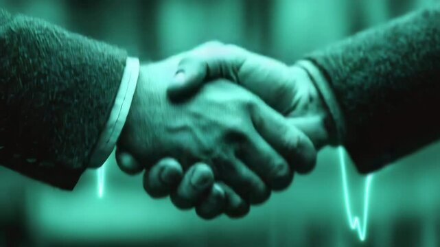 Close Up of Two Men Shaking Hands, Teal Green Tone, Detailed Texture