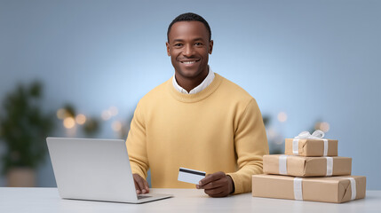 Joyful Online Shopping: An African American Man with Laptop and Packages