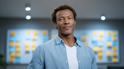 Focused African American Man Managing Projects with Colorful Task Boards
