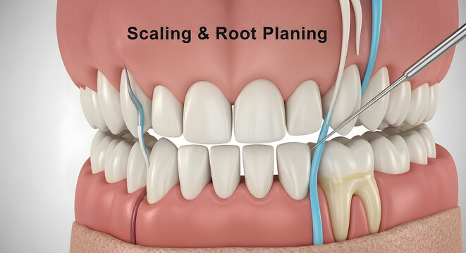 Scaling and Root Planing Dental Procedure Illustration Showing Teeth and Tools.