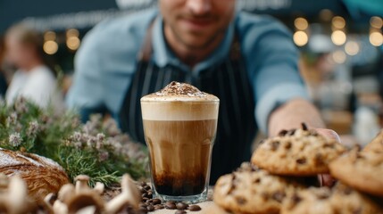 Barista Crafts Mushroom Latte in Artisanal Coffee Shop