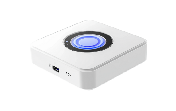 Smart ceiling fan controller device mounted on a square wall surface for modern home automation isolated on transparent background PNG