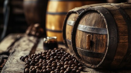 Old wooden barrel with coffee beans in rustic cellar lighting for vintage beverage storage product photo