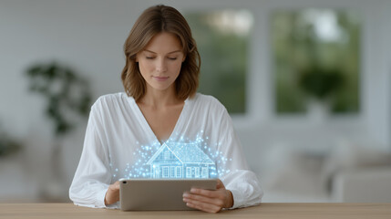 Female Agent Designing Vibrant 3D House Plans on Tablet