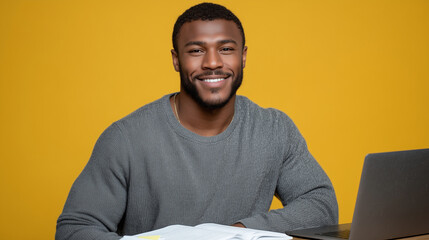 Joyful African American Student Studying with Laptop and Colorful Notes
