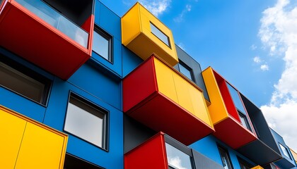 Colorful apartment building facade with geometric design.