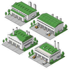 Fototapeta premium Isometric industrial buildings with green roofs silos and garage doors set on gray slabs