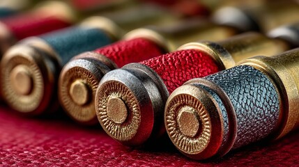 Colorful spools of thread arranged on fabric for sewing textile artisan tools macro photography concept