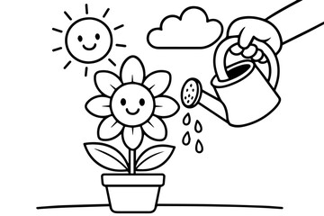 Smiling cartoon flower in pot watered by child&rsquo;s hand coloring page