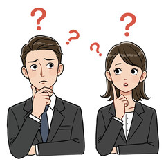 Two cartoon business people with questioning facial expressions stand sidebyside under red question marks