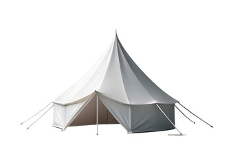 Isolated image of a large white canvas bell tent with ropes and poles against a black background