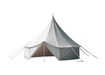 Isolated image of a large white canvas bell tent with ropes and poles against a black background