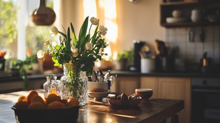 Morning light on kitchen table with fresh oranges and flowers for cozy home decor photography lifestyle inspiration