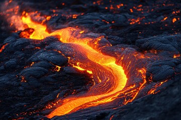 Lava river flows from the Little Hrutar volcanic eruption in Iceland rugged terrain, Lava flowing, volcanic eruption of the Litli Hrutur volcano in Iceland