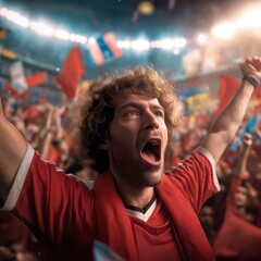 An energetic football supporter in red cheers with both arms raised in a packed stadium, surrounded by flags and fellow fans. The atmosphere is alive with excitement, unity, and sports passion