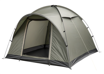 A gray camping tent pitched with the entrance open against a black background in a studio shot