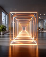 Enterprise dashboard with AI-driven task flows, A modern illuminated corridor showcasing glowing transparent walls. AI workflow automation in enterprise software for seamless operations