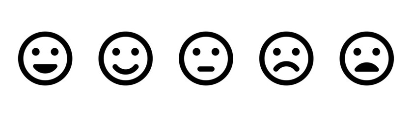 Feedback emoji icons vector. Good and bad emoticon signs. Happy and Sad reactions. Feedback or rating icon set, happy, neutral, sad, emojis. Vector illustration.