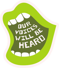 Showing stylized open mouth graphic in lime green with curved slogan text, transparent background