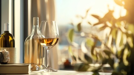Glass of wine near window for romantic dining photography soft bokeh light and cozy beverage mood