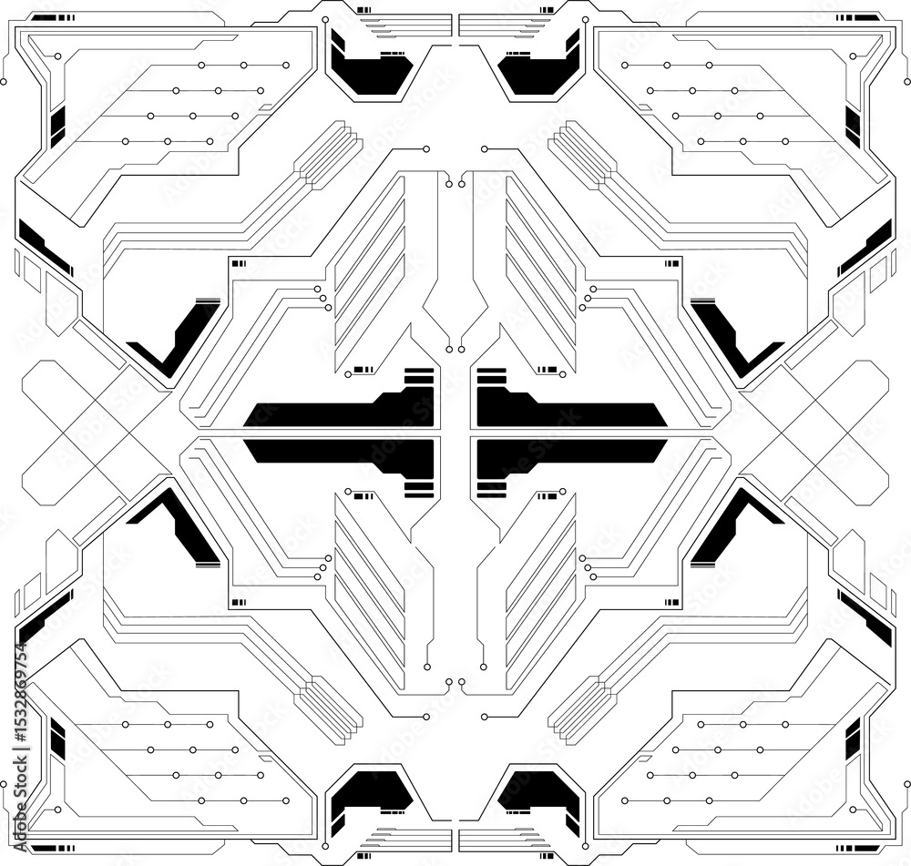 Poster flat abstract pattern is showing mirrored circuit traces, nodes, modules over transparent backdrop