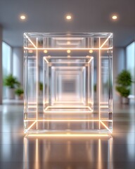 Enterprise dashboard with AI-driven task flows, Modern architectural design featuring a luminous glass cube. AI workflow automation in enterprise software for seamless operations