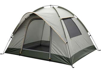 A gray camping tent with an open door and a window isolated on a black background outdoors image