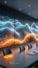 Enterprise dashboard with AI-driven task flows, Modern conference room with digital wave display and sleek design. AI workflow automation in enterprise software for seamless operations