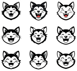 Happy Laughing Cat and Husky Mascot Head Vector Set