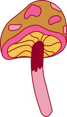 Stylized mushroom is featuring pink patches, yellow gills and red ring on transparent background