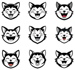 Happy Laughing Cat and Husky Mascot Head Vector Set