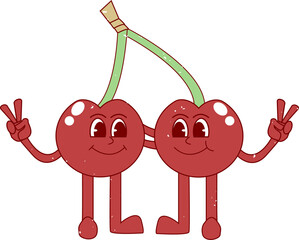 Two cartoon cherries are standing on transparent background, holding peace signs by green stem