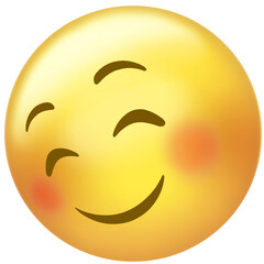 Stylized emoji face is floating on transparent background, showing gradient shading and rosy cheeks