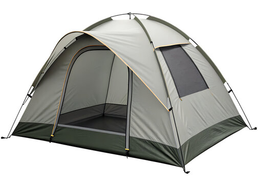 A gray camping tent with an open door and a window isolated on a black background outdoors image