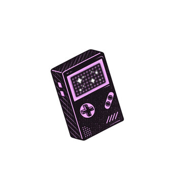 Fototapeta 3D retro gaming console is floating on transparent background, showcasing pixel screen and buttons