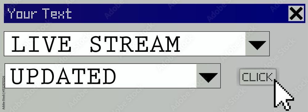 Poster retro flat ui window is showing live stream, updated menus with pixel cursor on click, transparent