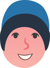 Cartoon human face is appearing in flat style, wearing two-tone beanie on transparent background