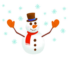 Flat snowman is wearing blue-banded hat and red scarf, turquoise snowflakes, transparent background