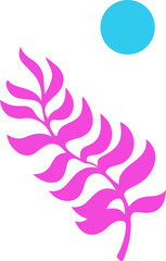 Abstract pink fern-like frond is curving with cyan circle in flat design on transparent background