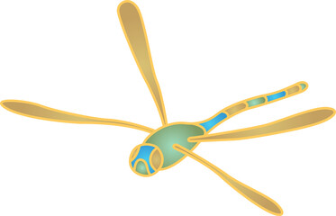 Flat design insect-like creature is floating on clear background with green body and golden wings