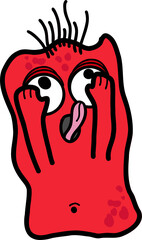 Flat red cartoon monster is expressing surprise with transparent background, raised arms and tongue